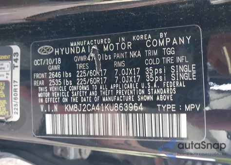 2019 Hyundai Tucson Se z USA, uszkodzony, nr VIN KM8J2CA41KU863964